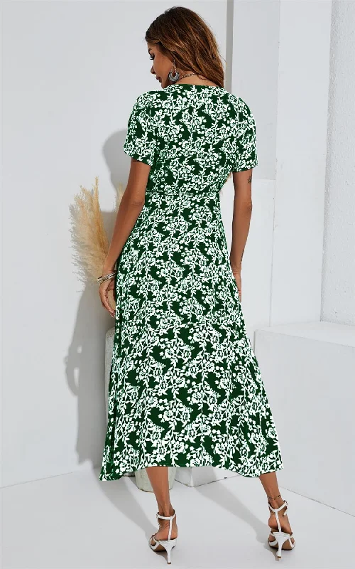 White Floral Print Wrap Midi Dress In Dark Green