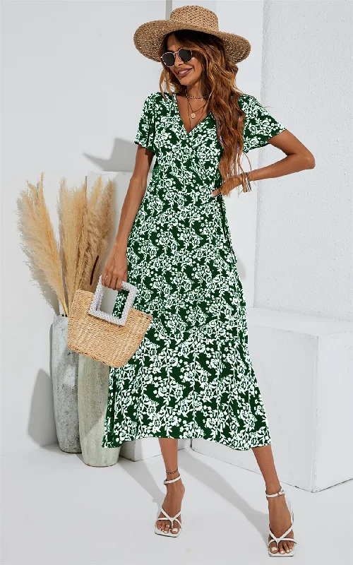 White Floral Print Wrap Midi Dress In Dark Green