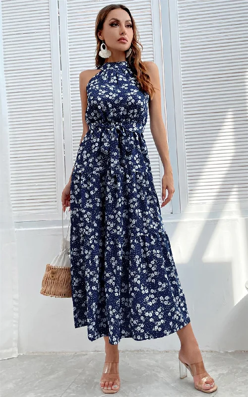 White Little Flora Halter Neck Maxi Layer Dress In Navy