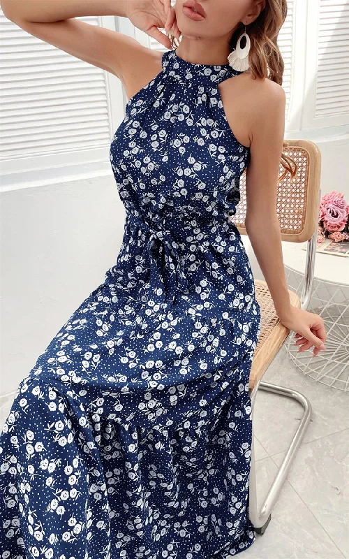 White Little Flora Halter Neck Maxi Layer Dress In Navy