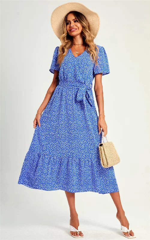 White Little Flower Print Short Sleeve Wrap Style Midi Dress In Blue