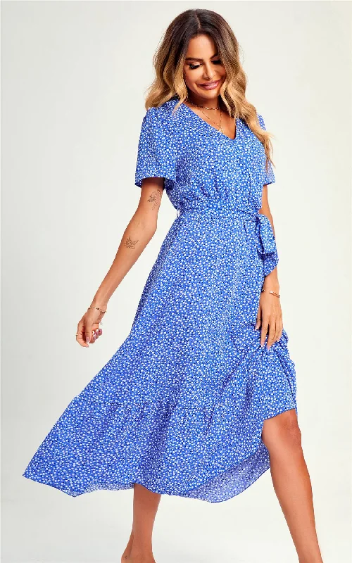 White Little Flower Print Short Sleeve Wrap Style Midi Dress In Blue