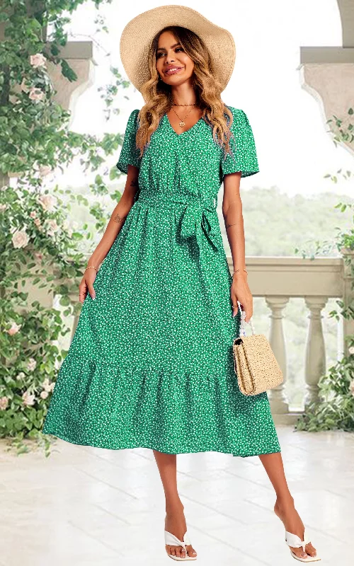 White Little Flower Print Short Sleeve Wrap Style Midi Dress In Green