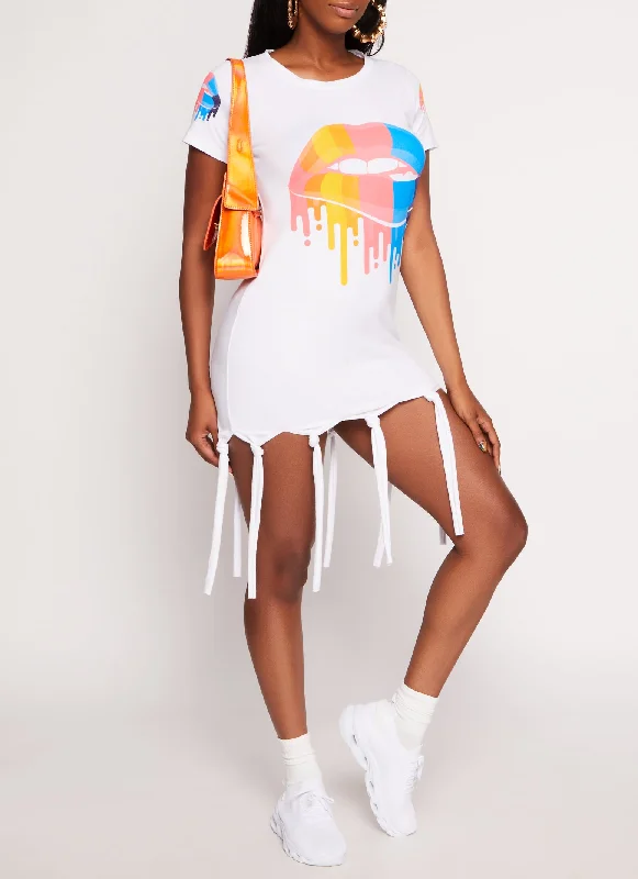 Rainbow Lip Graphic Knot Fringe Dress