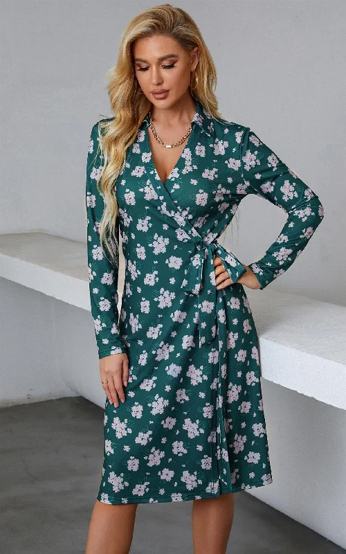 Wrap Style Long Sleeve Dress In Forest Green & Silver Print