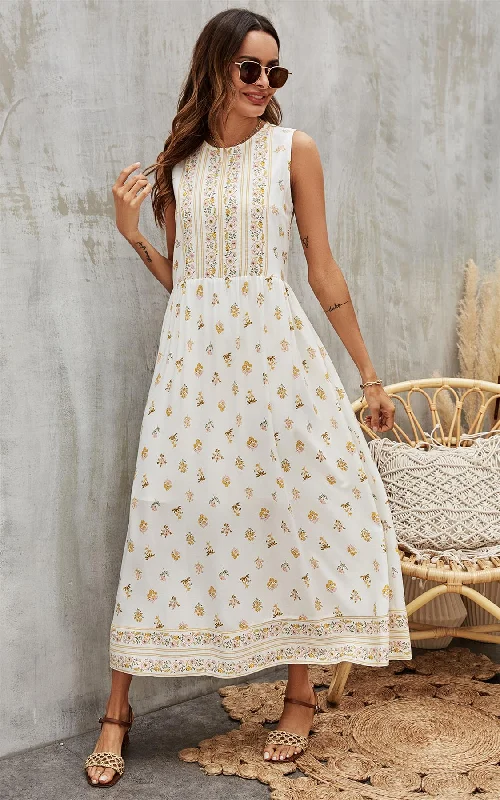 Yellow Floral & Strip Print Midi Dress In White