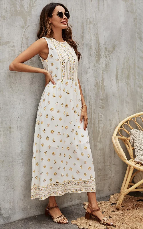 Yellow Floral & Strip Print Midi Dress In White