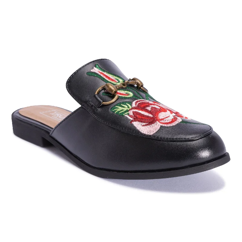 Black Embroided Open Back Loafers