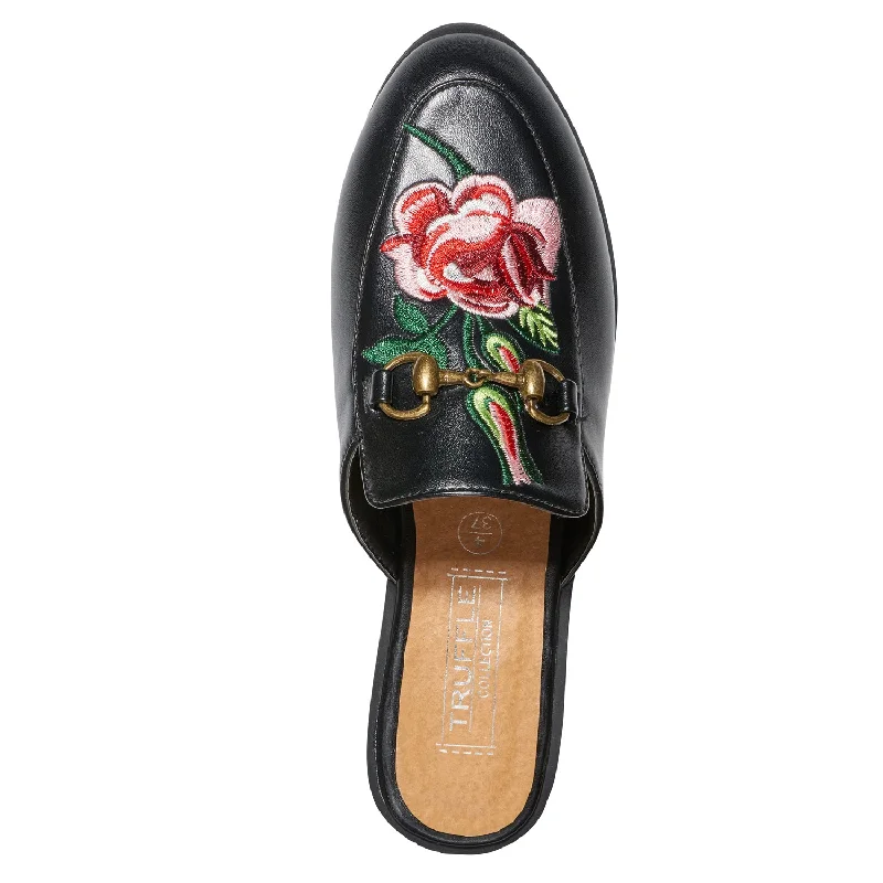 Black Embroided Open Back Loafers