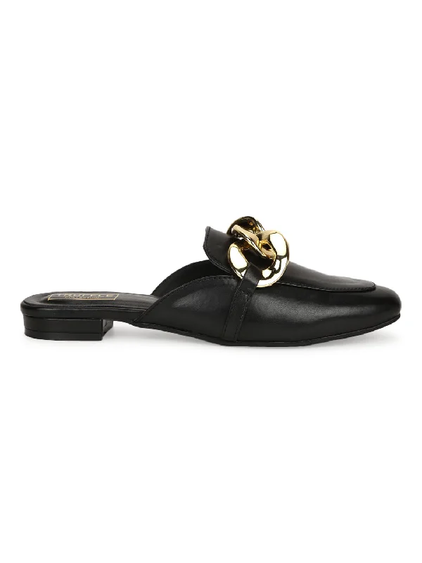 Black PU Kitten Heel Loafers With Chunky Chain Details (TC-SLC-C-5-BLK)