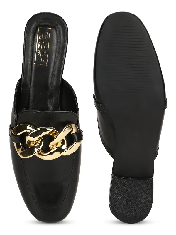 Black PU Kitten Heel Loafers With Chunky Chain Details (TC-SLC-C-5-BLK)