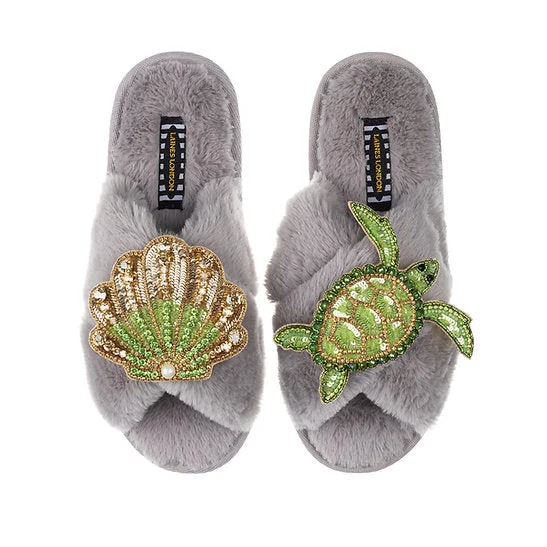 Green Beaded Shell & Turtle Classic Slipper | Grey