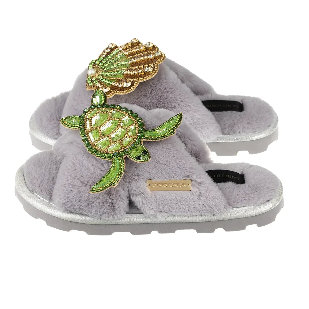 Green Beaded Shell & Turtle Classic Slipper | Grey