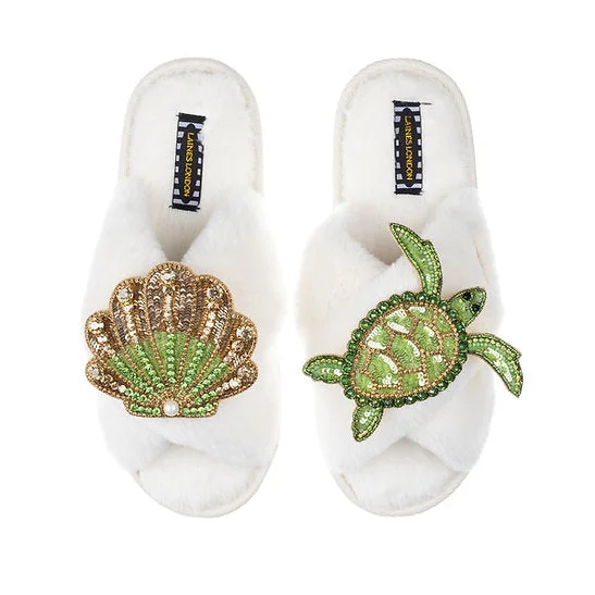 Green Beaded Shell & Turtle Classic Slipper | White