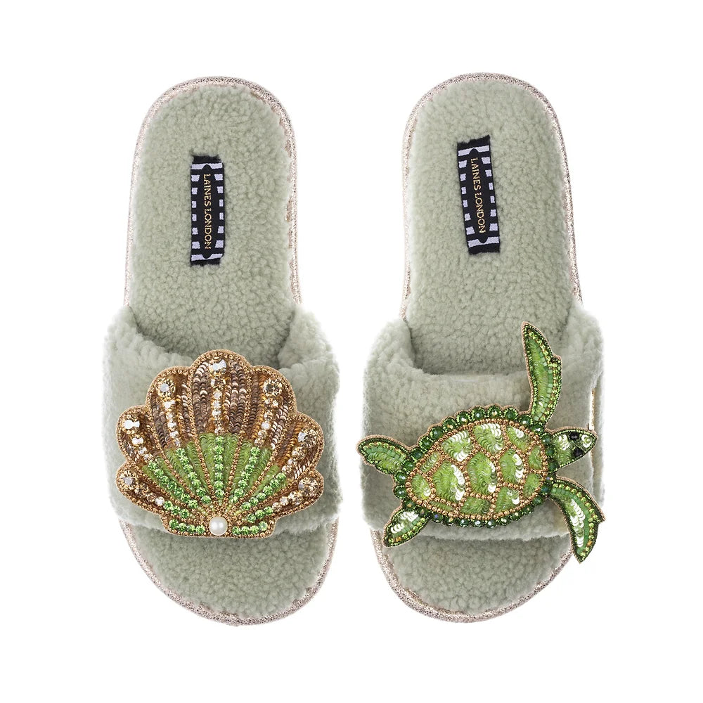 Green Beaded Shell & Turtle Teddy Slipper | Sage Green