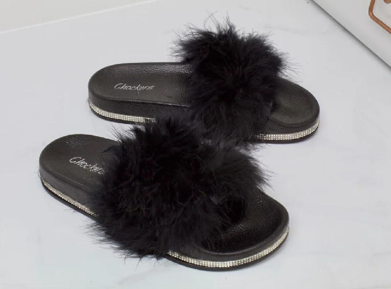 Lydia - Black Vegan Fur Fluffy Sliders With Diamanté Sole