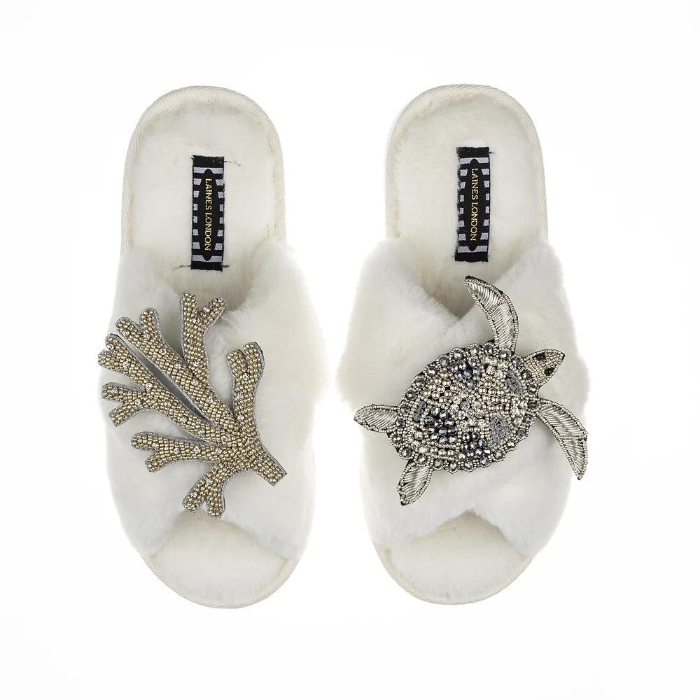 Silver Beaded Coral & Turtle Classic Slipper | White