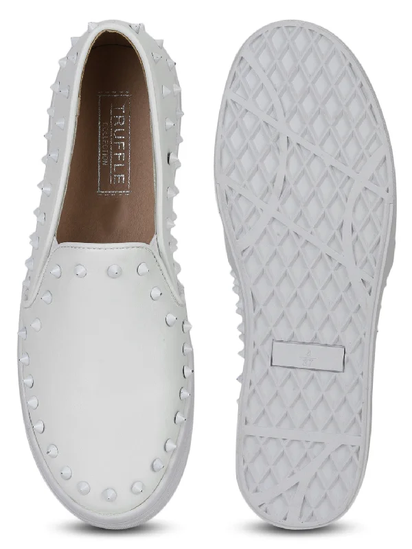 White PU Studded Slip-On Loafers (TC-RLST2-WHT)