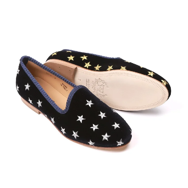 Women's Navy Velvet Gold & Silver Star Slipper